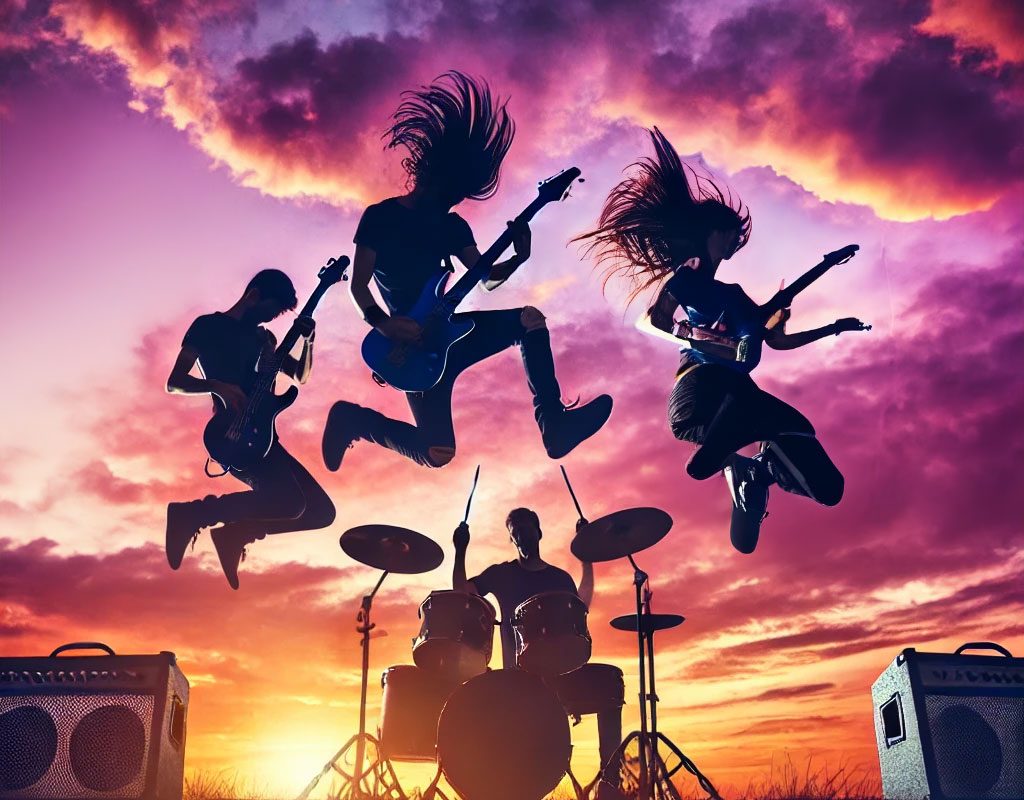 DALL·E-2024-09-27-19.52.45---A-high-energy-rock-band-with-members-jumping-into-the-air,-silhouetted-against-a-vibrant-sky.-The-silhouettes-include-a-lead-guitarist,-a-bassist,-a-d